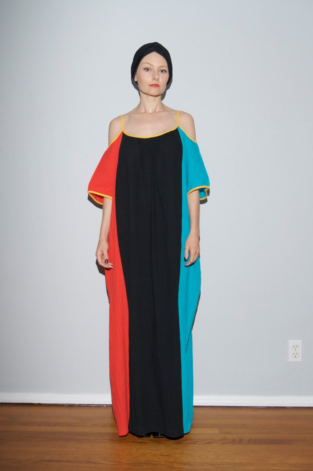 Colorblock Cotton Maxi Dress w/ open shoulders