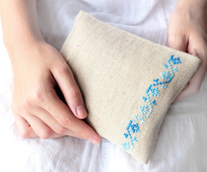 Embroidered clutch purse pouch- Rustic - Natural materials - Burlap - Beige Sky blue or Pink rose