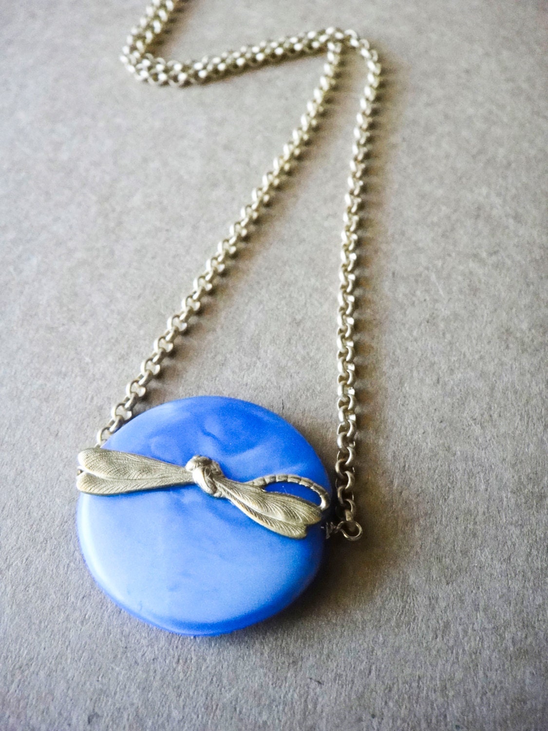 Brass Dragonfly Dusk Blue Circle Pendant Necklace