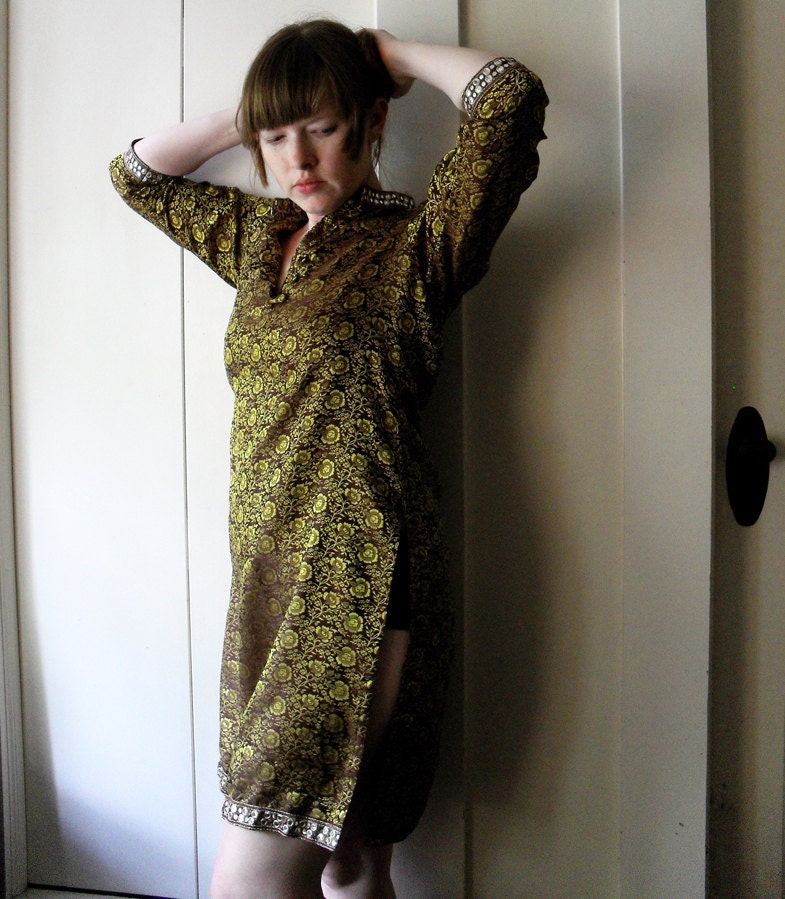 Boho Indian Tunic Hippie Dress Floral Gold and Mirrorcloth Details