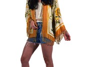 Honeysuckle Yellow and White Floral Leaf Velvet Burnout Gypsy Fishnet Beaded Kimono Jacket