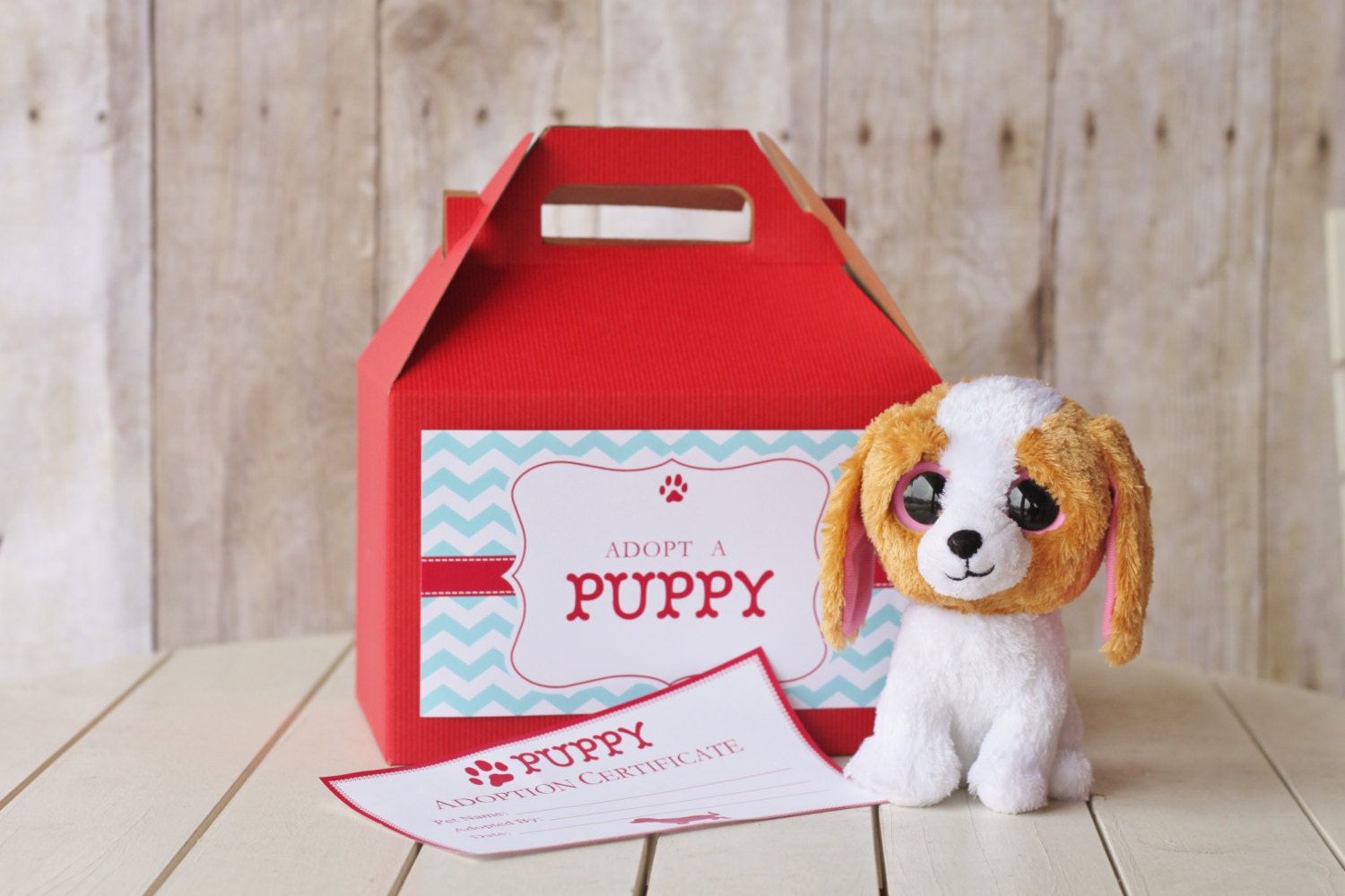 10 Puppy Adoption Boxes and Adoption Certificates for Party Favors Gable Boxes 8 x 4 7/8 x 5 1/4 with labels Il_570xn