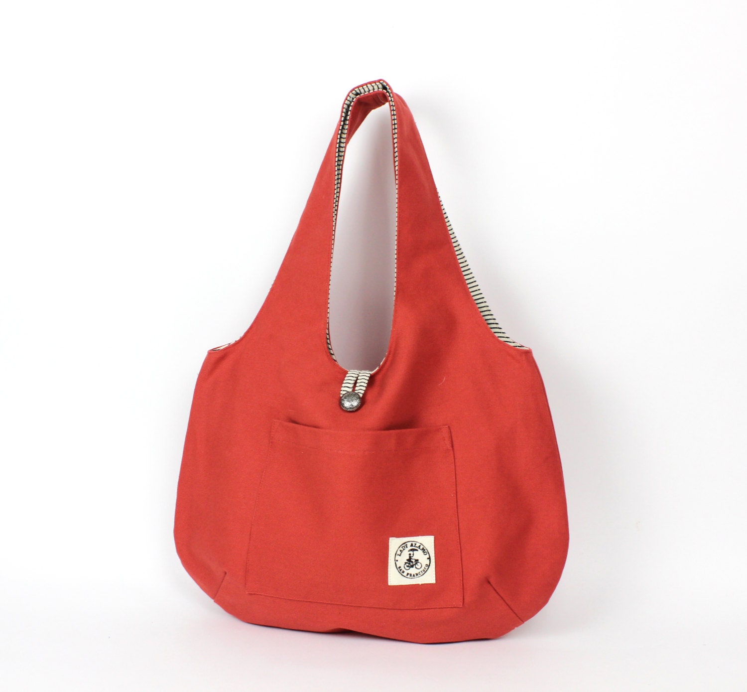 Cotton Canvas Reversible Hobo Bag - Sienna & Black Railroad Stripes