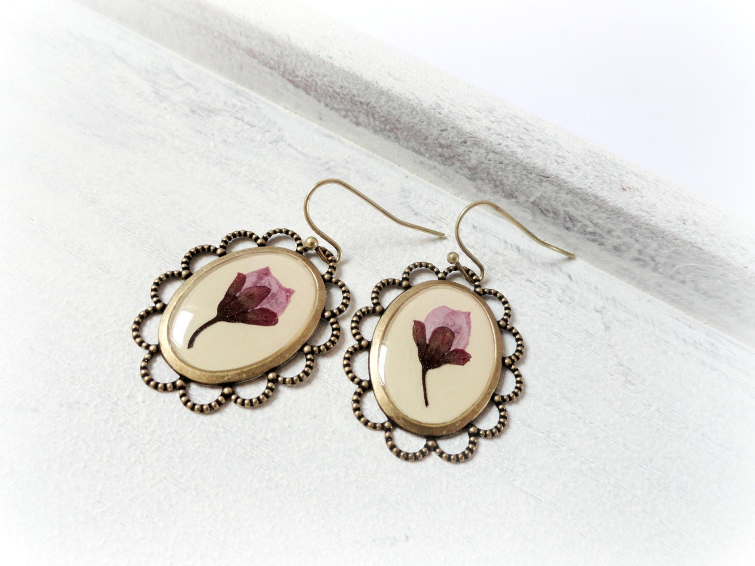 Cherry flower resin earrings- Real pressed preserved plant leaves flower cream pink beige mauve Botanical specimen Wereable art