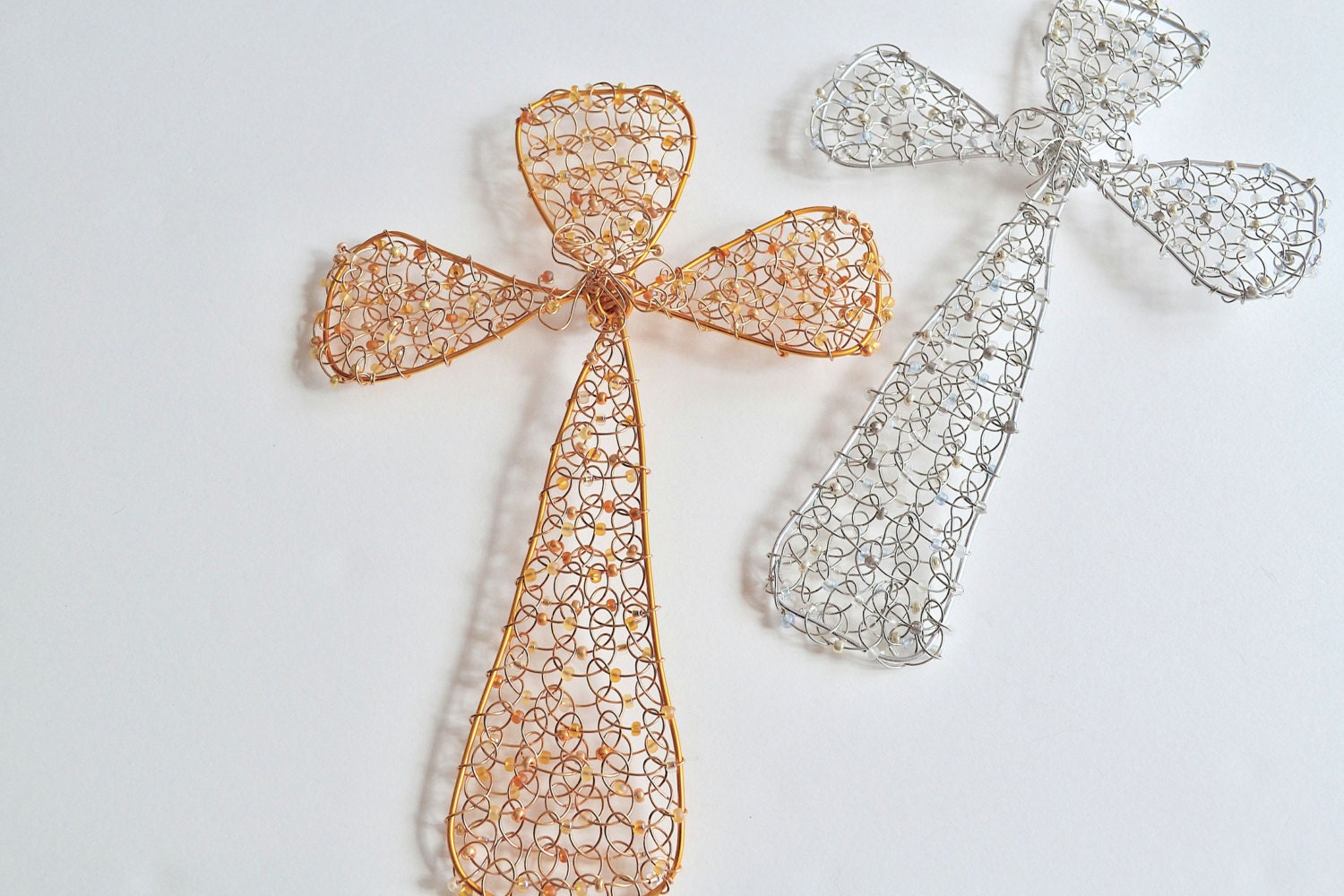 Gold or Silver Cross Knitted Wire Ornament or Wall Decoration