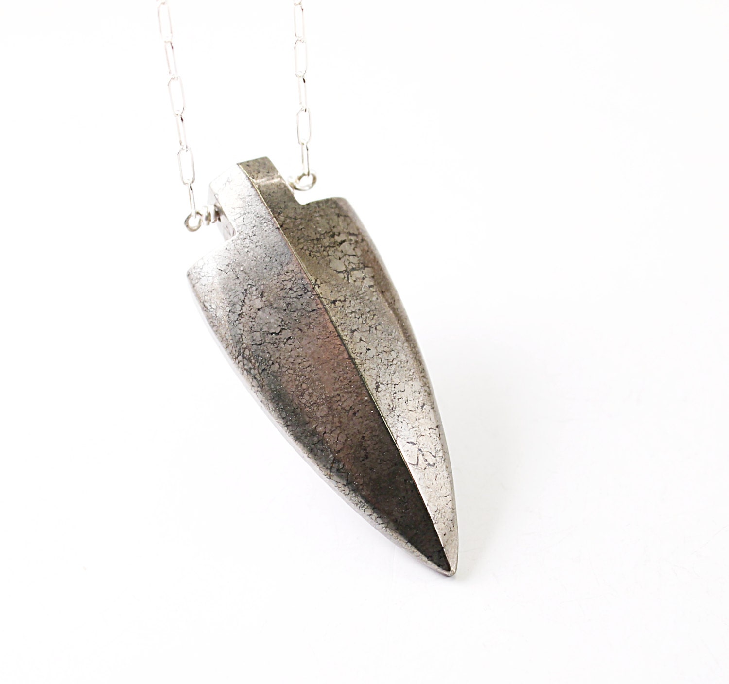 Pyrite necklace: silver big arrow stone necklace, sharp blade, tribal, metallic industrial chic grey gray like steel