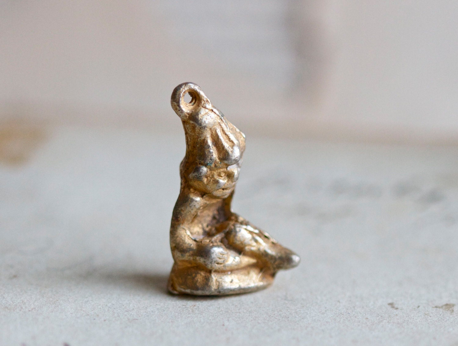 Vintage Golden Pixie Sitting on a Mushroom Charm