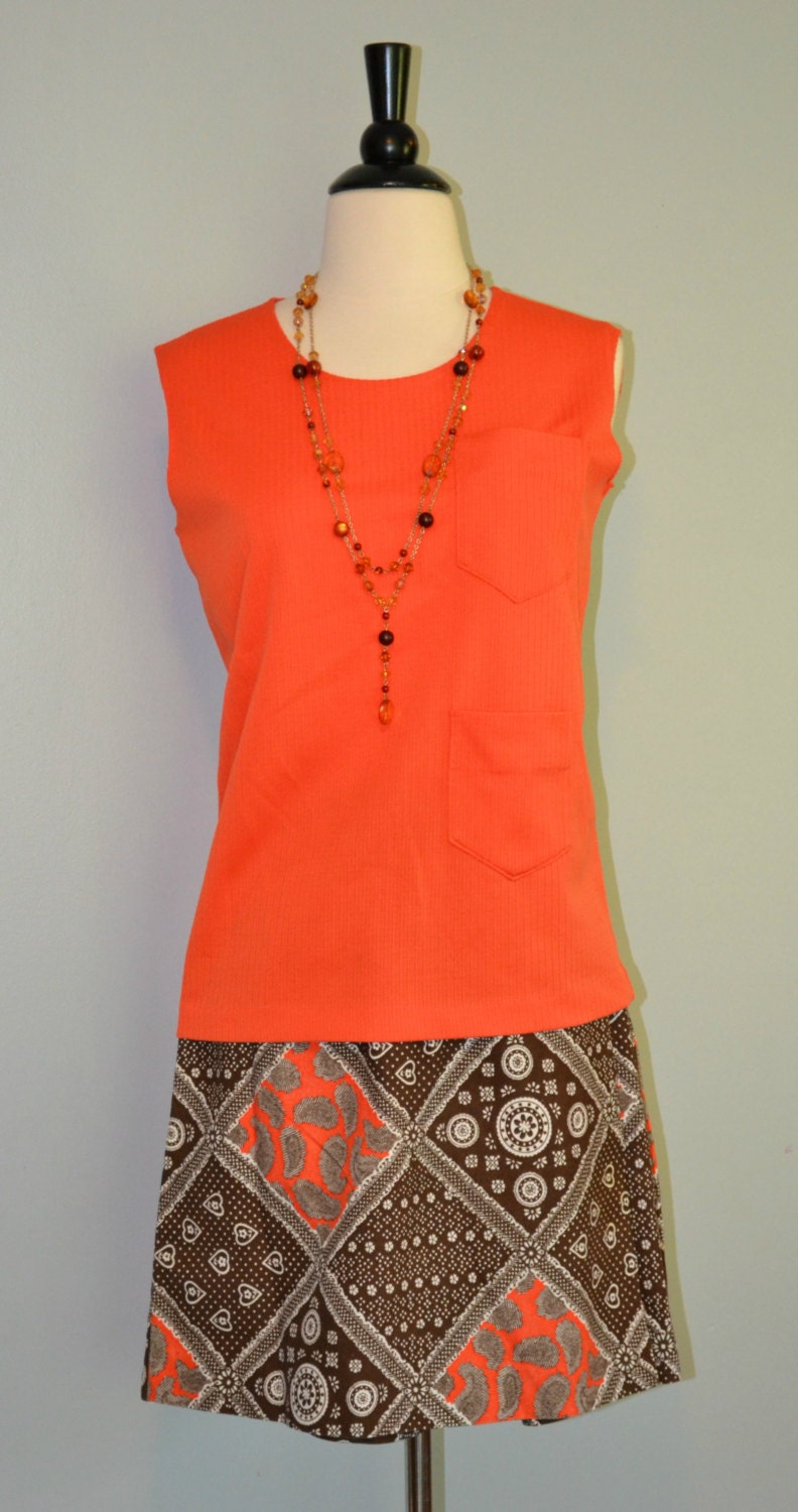 1970s Orange and Brown Two Piece Outfit Shirt and Skort