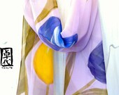 Hand Painted Silk Scarf, Purple Floral Scarf. Pastel Purple Tulip Garden Floral Scarf. Purple Silk Scarf. Silk Chiffon Scarf. 10x54 in.
