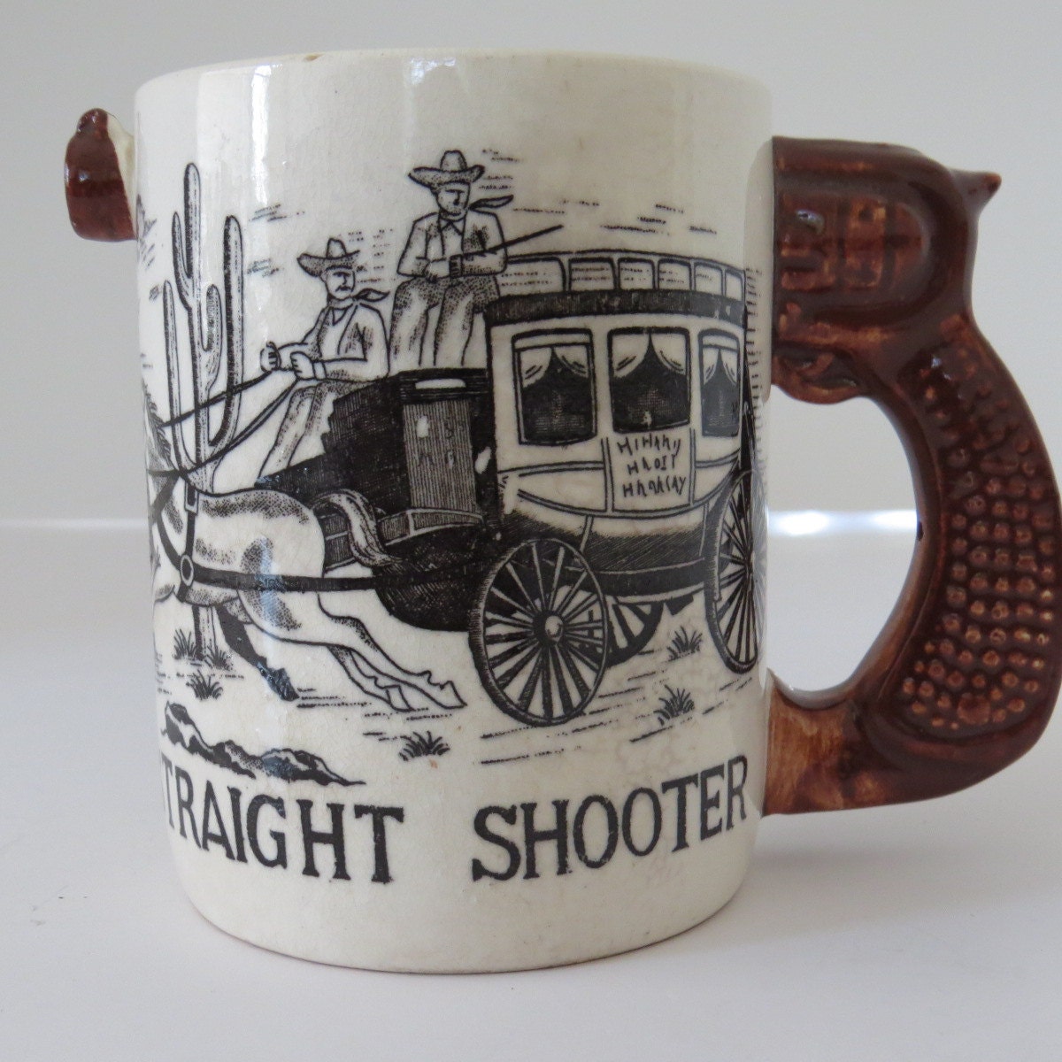 Vintage GUN Straight Shooter Coffee Cup Mug - Wells Fargo Stage Coach - Pistol Handle - Western Theme - Revolver - Fathers Day Gift