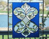 Victorian bevel cluster stained glass panel window dark blue stained glass window panel window hanging amber  transom