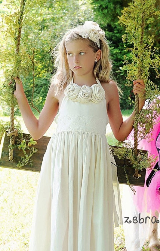 Wedding Flowers Girl Dress Party Dress simply and beautiful Natural Cotton Ivory Ruffled dress with three roses. Sizes 6 and 7