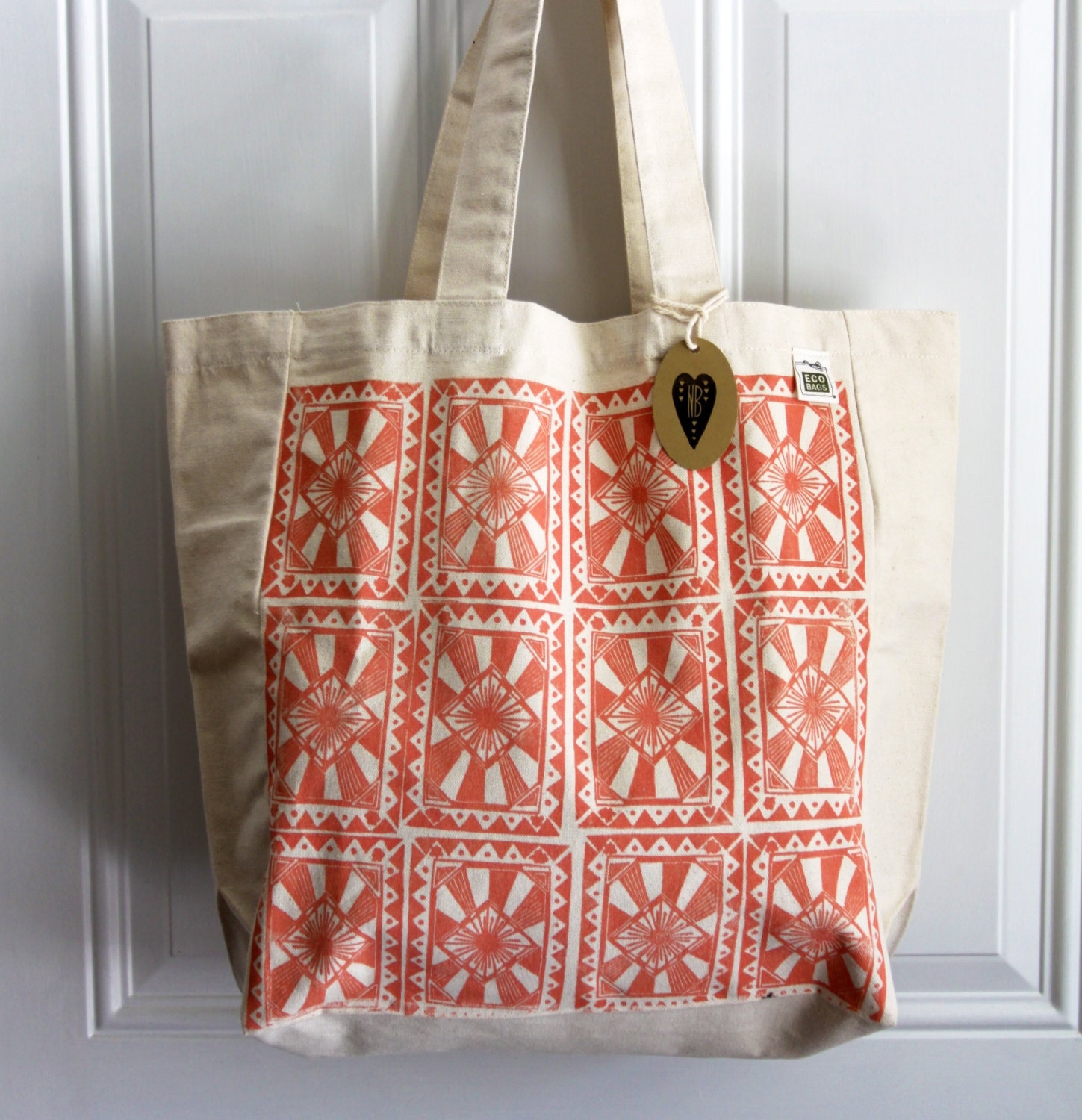 Sunburst Market Tote, coral and teal