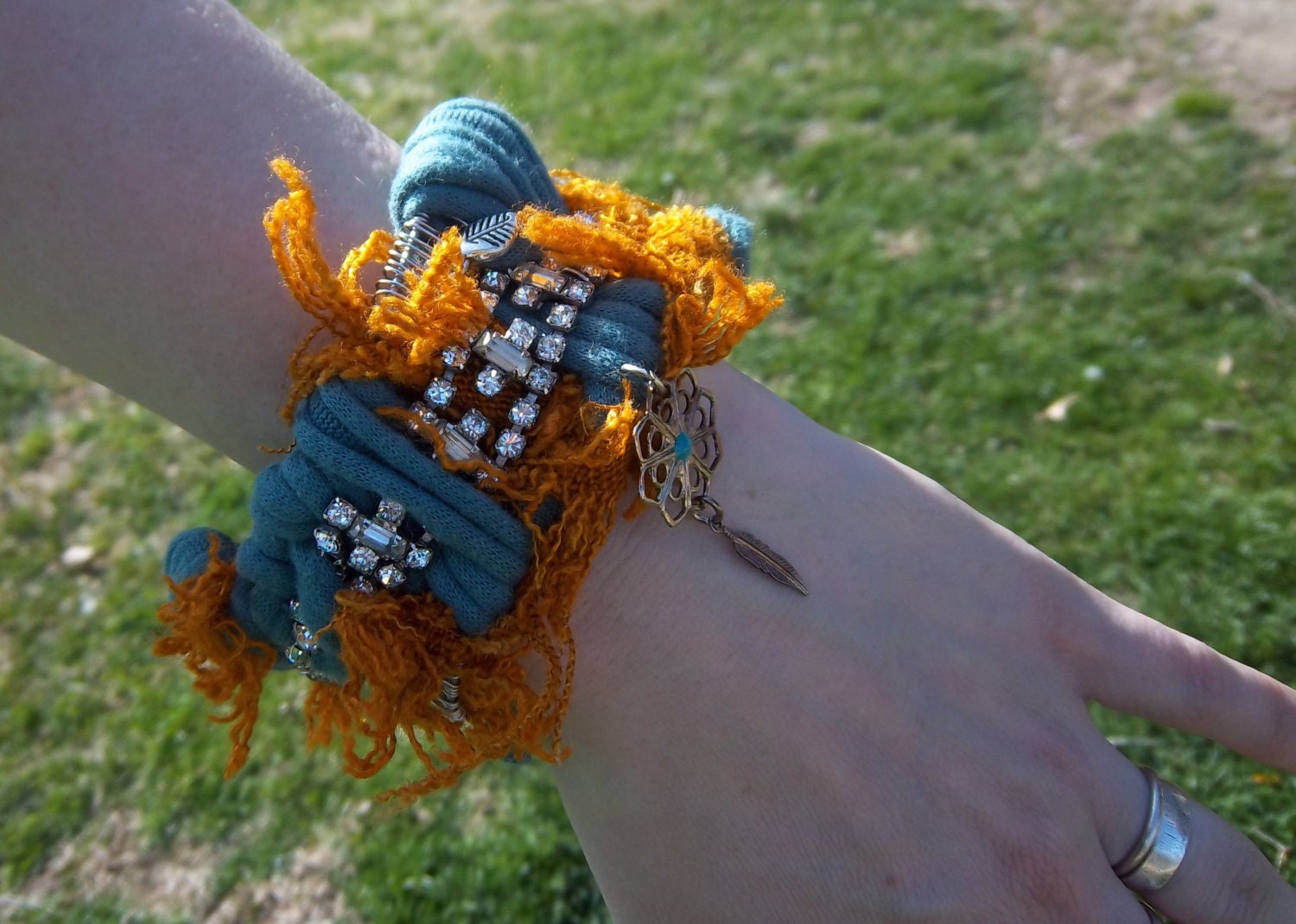 Shabby Chic Fiber Art Glimmering Textural Bracelet, Fabric and Wire Wrapped Statement Cuff with vintage rhinestones