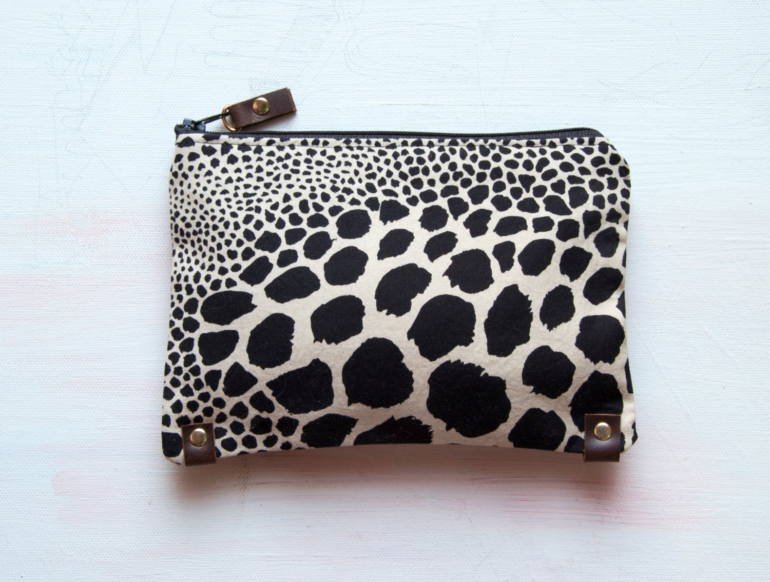 ANIMAL Clutch. Make up Bag. Black and White Clutch. Leather Make Up Bag.