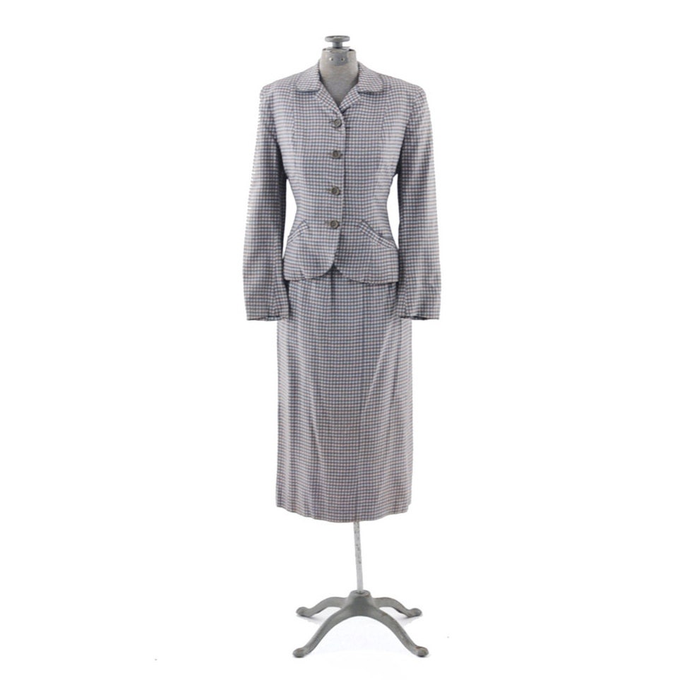 Vintage 1940's Pink & Blue Tailored Art Deco Hourglass Two Piece Suit XS