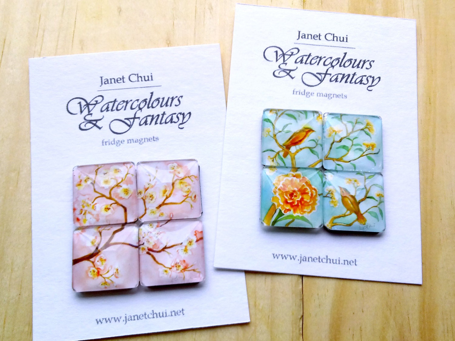 Chinoiserie watercolor painting: Set of 4 handmade magnets