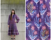 INDIA PRINT 70s Purple Tiered Cotton Gold Painted Dress