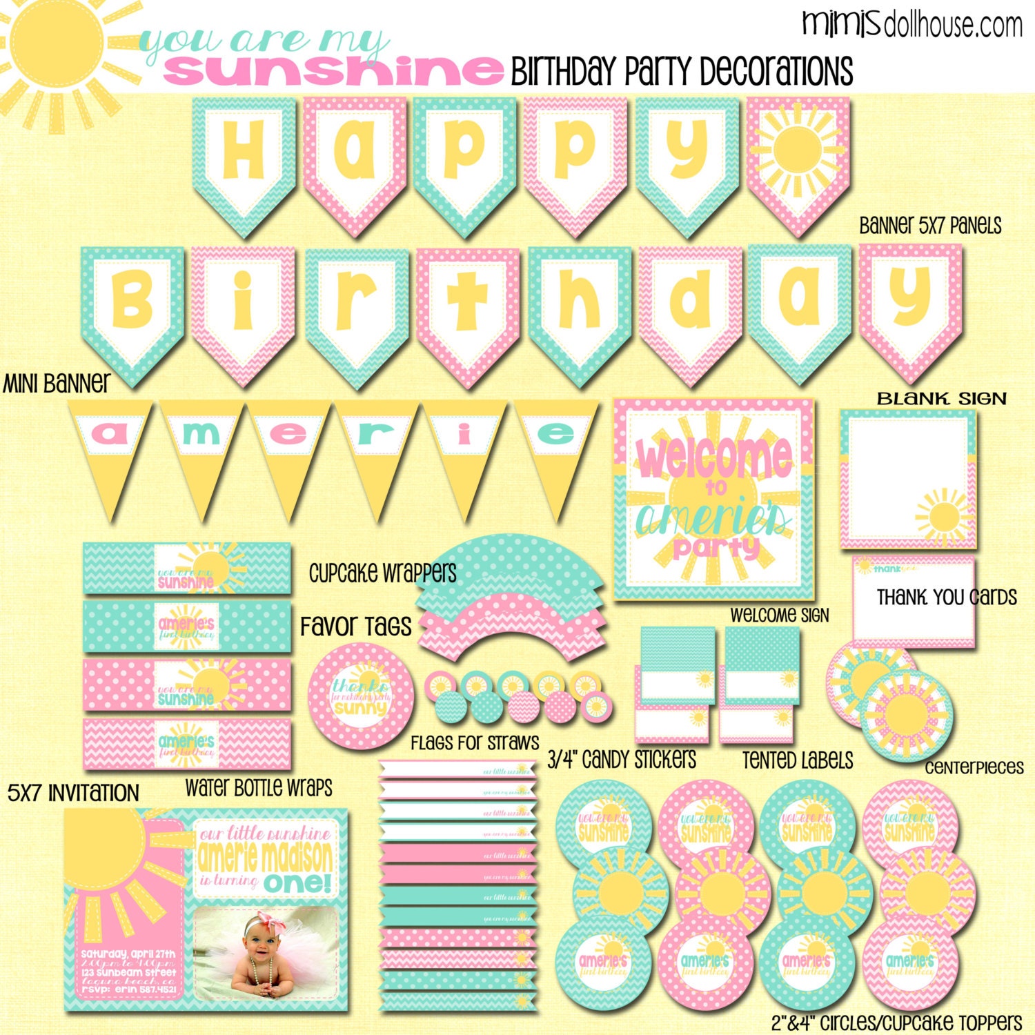 Sunshine Party Decorations- Printable You are my Sunshine Birthday Party Decorations PDF