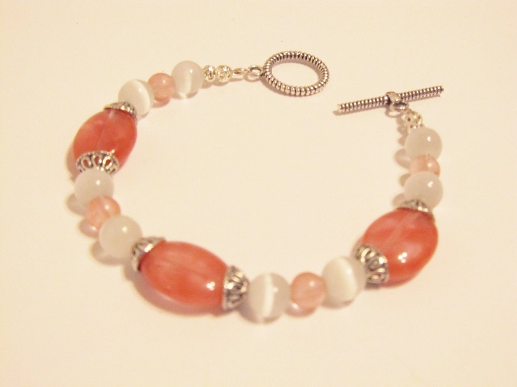 Pink & White Bracelet - Watermelon Tourmaline and White Cats Eye