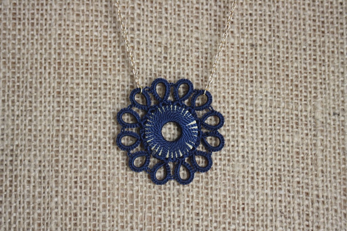 Kachin Necklace (Tatted Flower in Navy and Gold, by Christine)