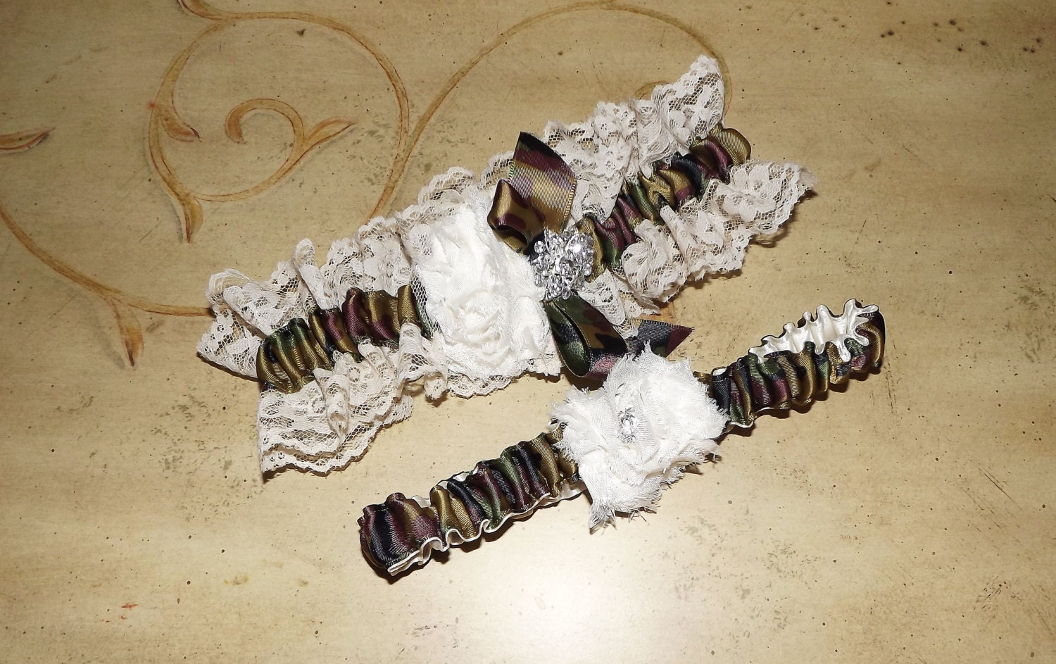 Camouflage and Ivory Lace Shabby Chic Wedding Bridal Garter Set Made to Order Choice of Lace Color