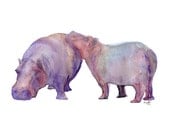 Nursery Mother and Baby Hippos, US Lettersize Watercolor Art Print