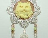 Fluffy Cat Necklace with Czech Crystals, Bird Cage, Butterfly and Heart Charms - On A Triple Brown Organza Ribbon