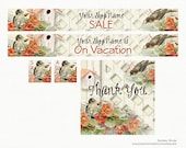 Etsy Shop SET 2 Banners Avatars Sale Vacation Thank You Digital Art - Premade vintage style Garden Birds pattern flowers bird house