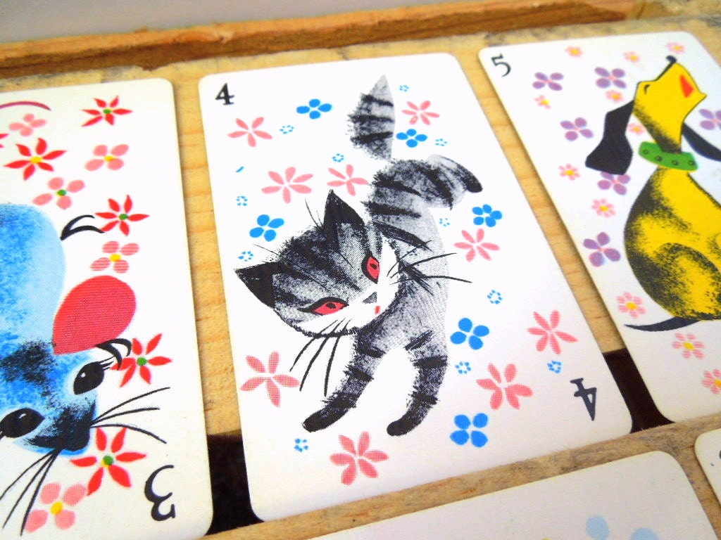 Vintage Playing Card Ephemera Supply Fuzzy Cat Kitten Kitty Graphics