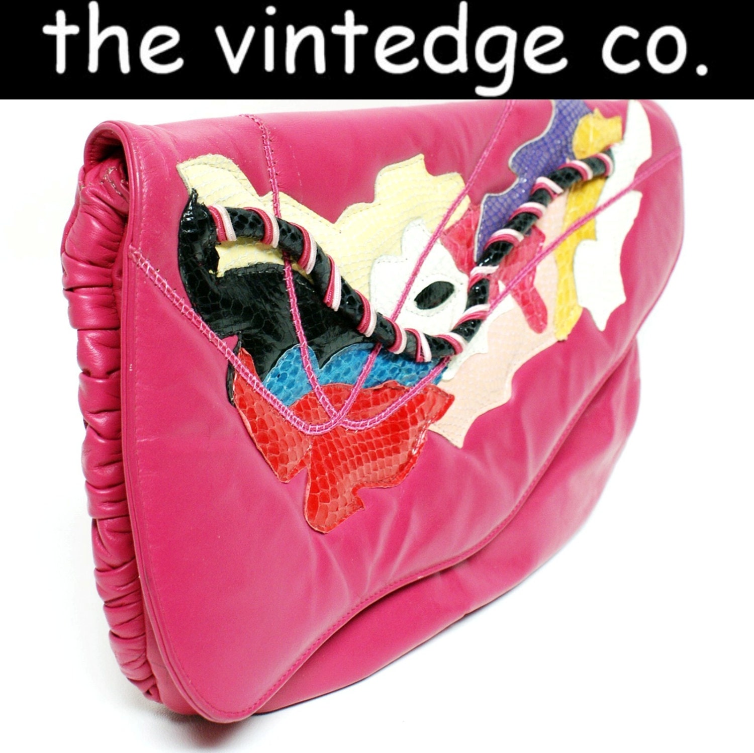 vintage // 70s 80s avant garde pink snake skin leather large clutch purse bag