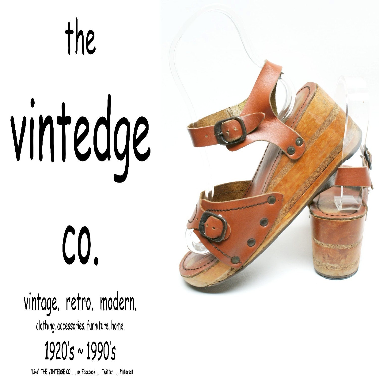 vintage // 60s 70s tan leather buckle hippie platform sandals wedge heels 7