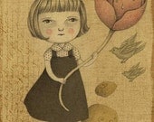 Girl Illustration, Print of Whimsical Pencil Drawing - A Drink for Me by Amalia K