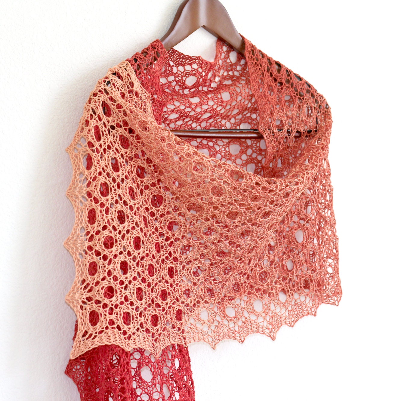 Hand knit shawl scarf gradient cotton red peach beige