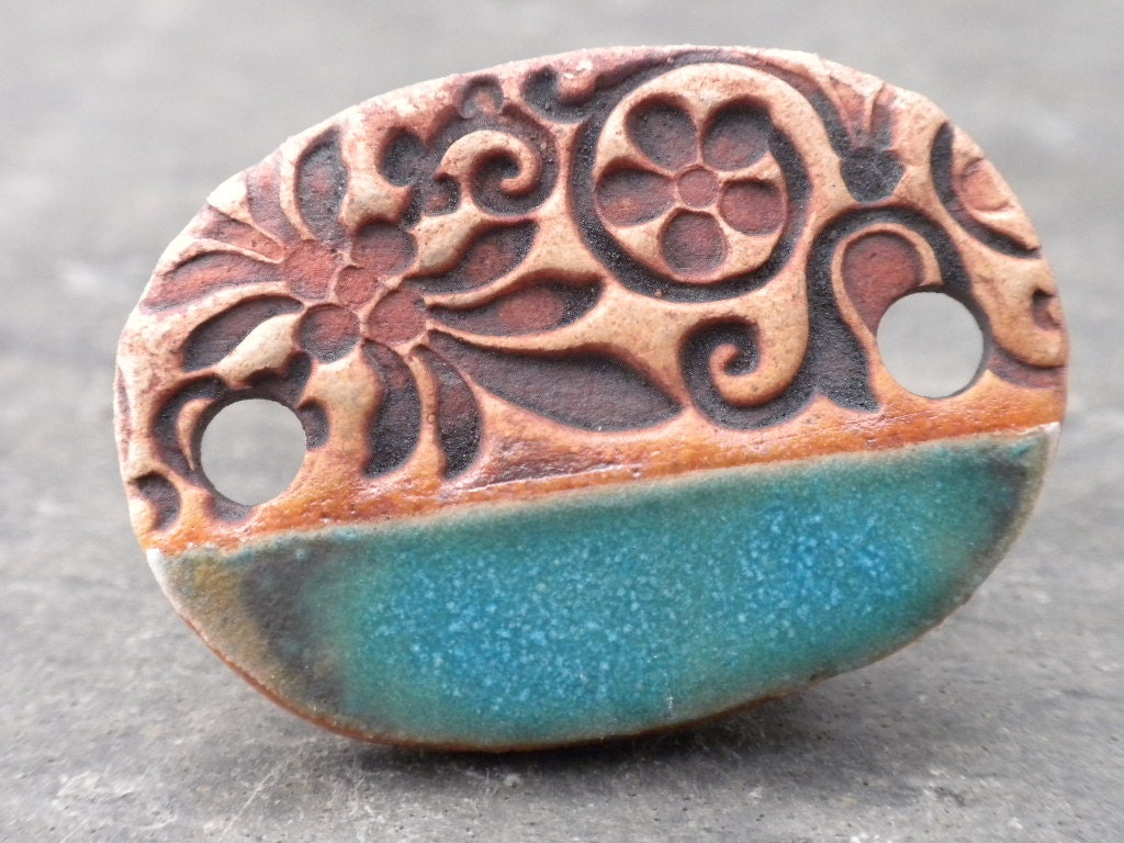 Rustic Patina- Ceramic stoneware two hole pendant connector bead in rust and verdigris 3645