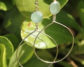 Simple Bezeled Green Chalcedony Stone Gold Hoops