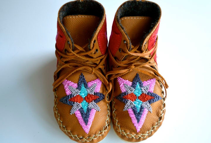 Children's handmade leather beaded wool-lined moccasin winter boots with wool felt insole and crepe rubber sole