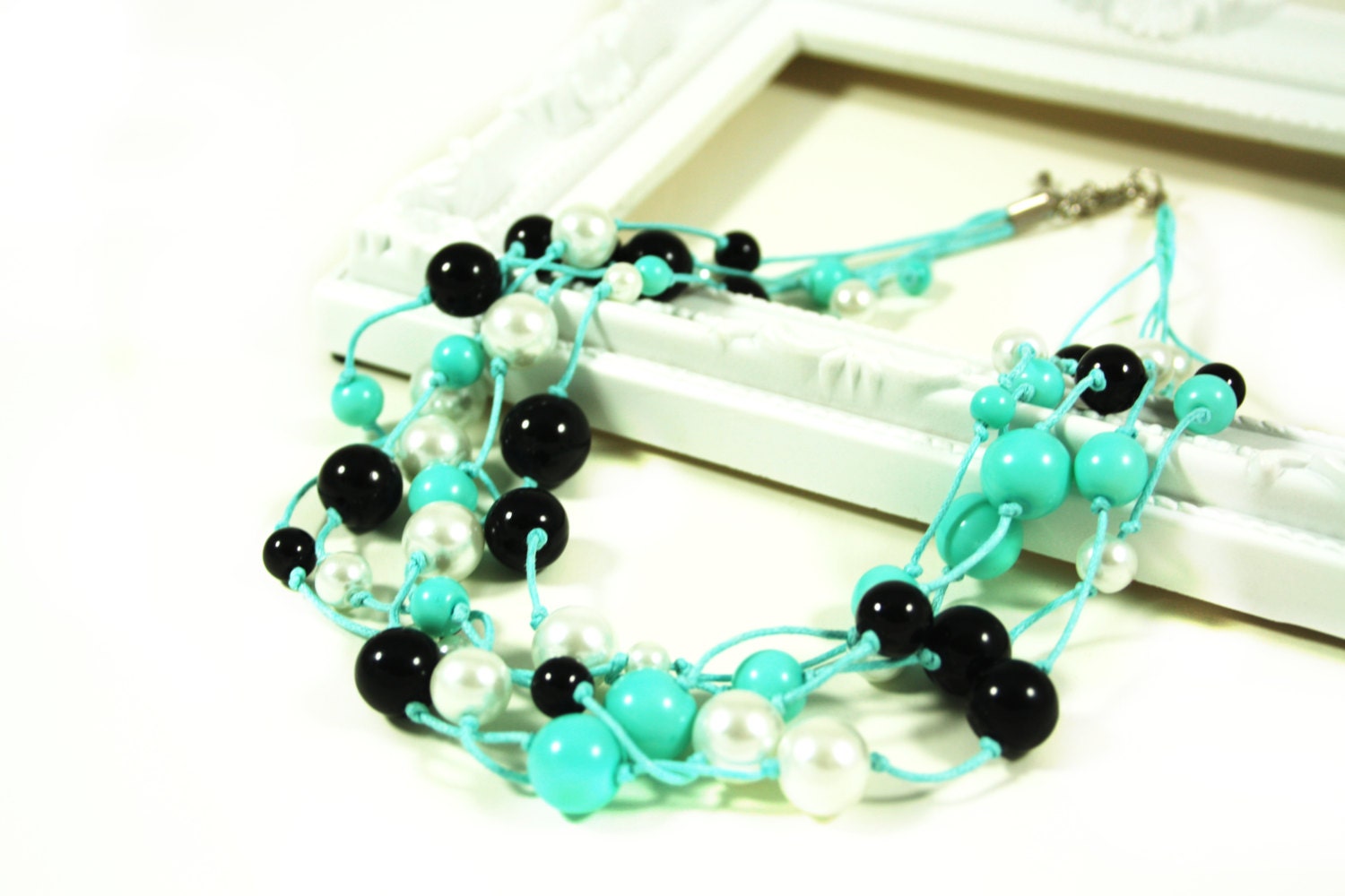 Aqua and Black Glass Pearl Chunky Necklace with Hand Knotted Multi Strands, Statement Jewelry, Modern and Classy