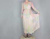 70's Silk Dress Pastel Floral Summer Maxi Dress