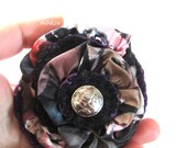 Floral fabric brooch, layered yo yo flower pin, felted wool jewelry, grey and purple