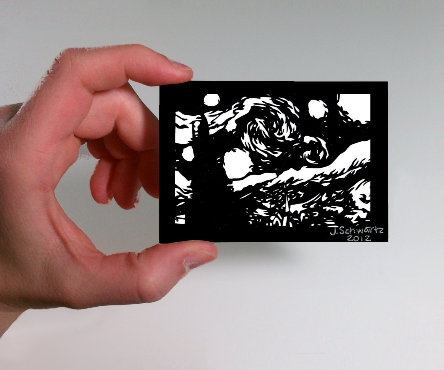 Tiny PaperCutting, Intricate Paper Art, Tiny Detailed Intricate Silhouette Art, Starry Night ACEO Paper Cutting, Paper Art, Black  White Art