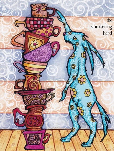 Art Print Rabbit and Teacups from Original Illustration