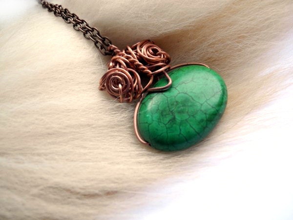 Green Owl Necklace - Copper Wire Wrapping Pendant - Green Howlite Stone - Spring Fresh - Animal Nature Woodland for Her