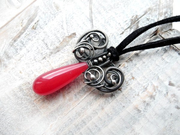 Red Butterfly Necklace - Silver Wire Wrapping Necklace with carmine Jasper - Botanical Woodland Romantic - Elvish Fantasy Necklace