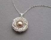 Bird nest necklace, sterling silver chain, swarovski crystal pearl color choice, silver wire wrapped, small one egg nest