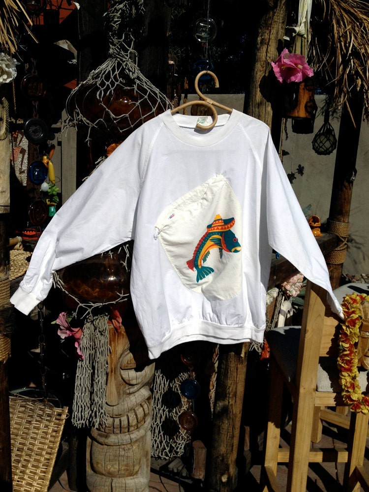 Vintage 1980s 80s Shirt Mexican Fish in a Sombrero Tiki Crazy Drawstring Tote Bag Surfer Beach Men's Women's Unisex White cotton Large XL