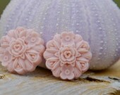 Oversized Blush Pink Cabochon Flower Earrings, Shabby Chic, Rose Pink Boho Studs