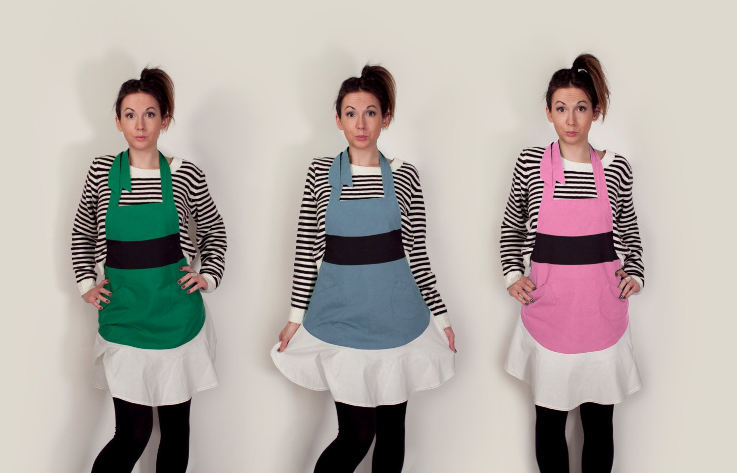 powerpuff girls apron -- pink, blue, green -- women's full apron