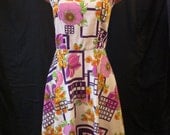 FLOWER POWER mod sixties dress floral window pane op art sz XS S