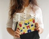 BLACK LEATHER clutch . large make up purse -  hand painted . Colorful and  vivid colors